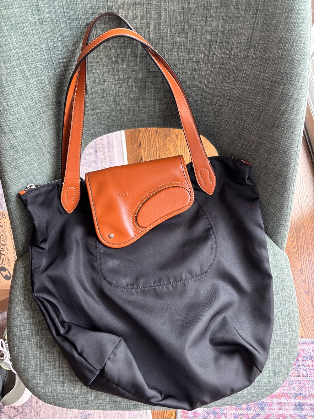 Lauren Ralph Lauren Black Nylon Tote w/ Brown Leather Trim shoulder bag purse